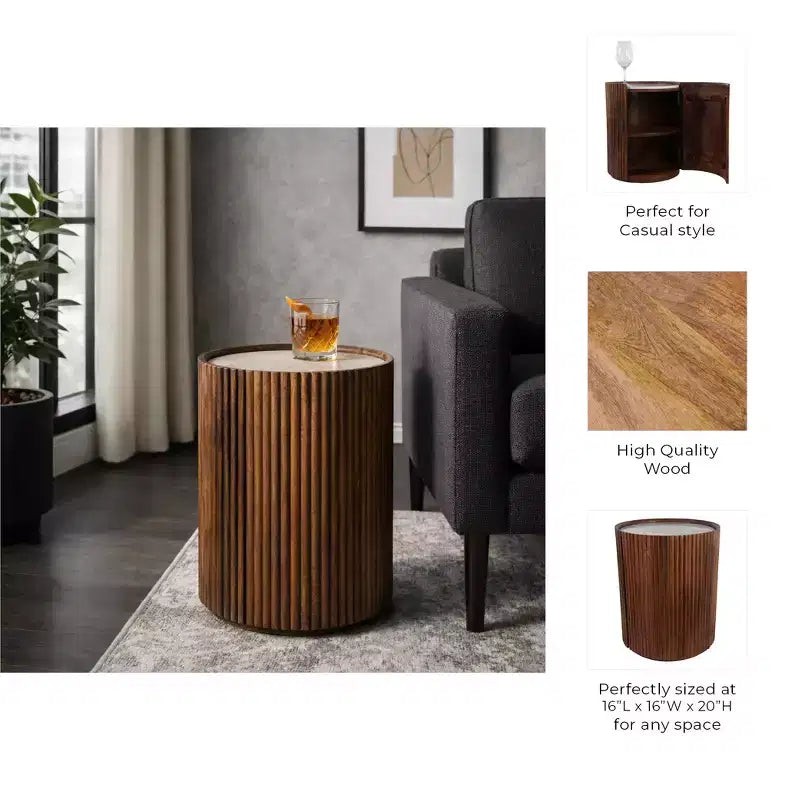 Decoratieve geribbelde houten bijzettafel met marmeren blad en opbergruimte - kleine woondecoratietafel voor slaapkamer of woonkamer
