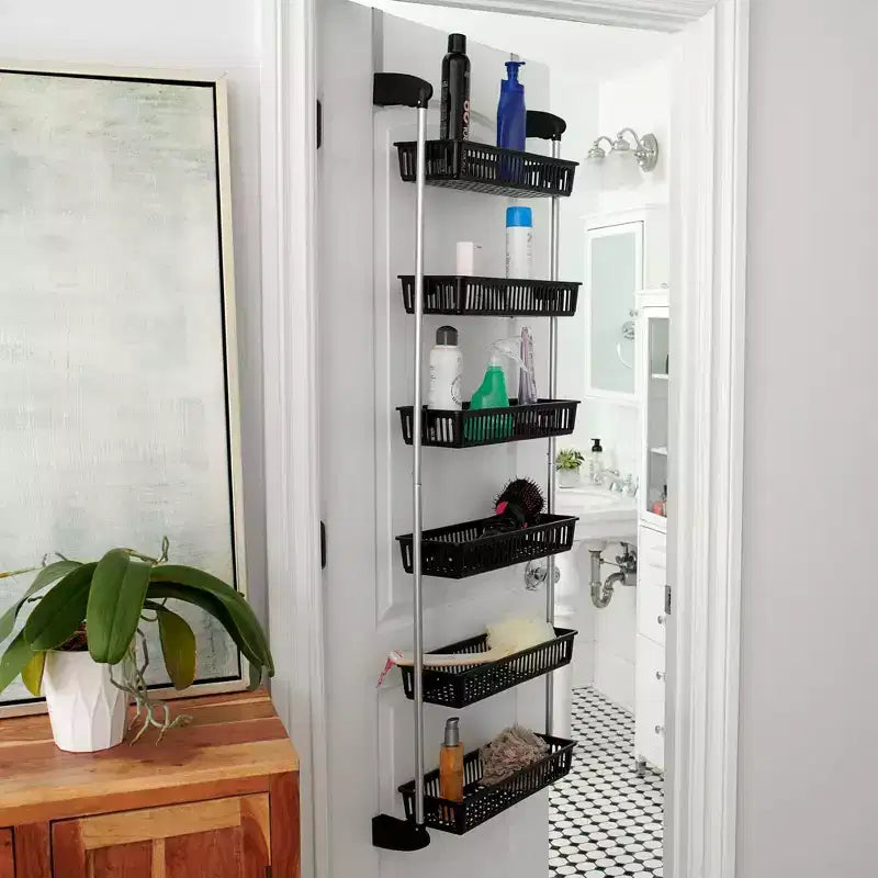 6-Basket Over-the-Door Storage Rack with Hooks, 11 lb Capacity, Black