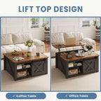 Table basse relevable JIONJOY de 31,5 po avec grand espace de rangement dissimulé, étagères réglables, table centrale carrée de style champêtre pour salon et petits espaces