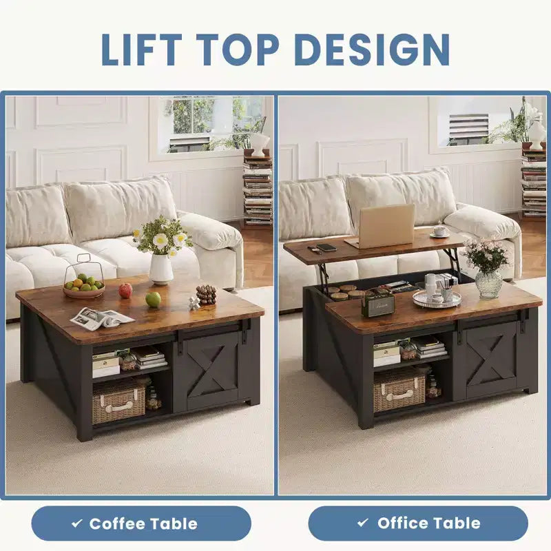 Table basse relevable JIONJOY de 31,5 po avec grand espace de rangement dissimulé, étagères réglables, table centrale carrée de style champêtre pour salon et petits espaces