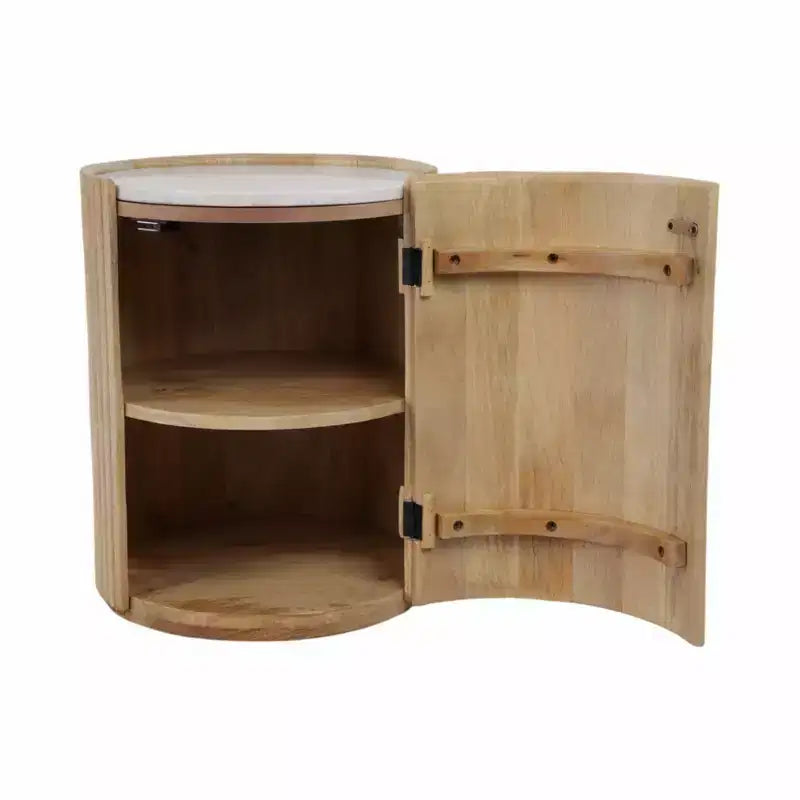 Decoratieve geribbelde houten bijzettafel met marmeren blad en opbergruimte - kleine woondecoratietafel voor slaapkamer of woonkamer
