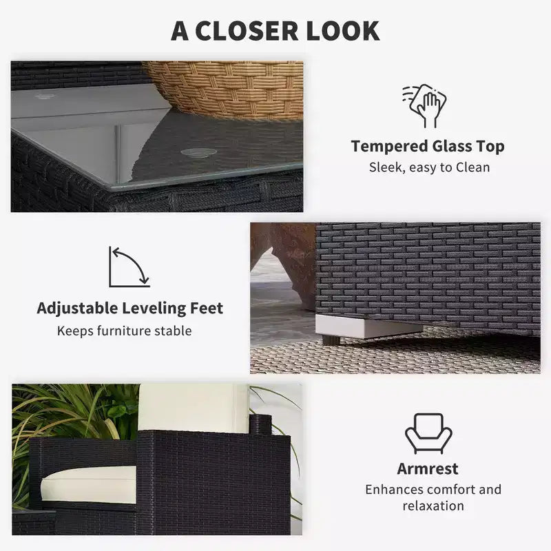 4-teiliges Rattan-Sofaset, Korbsofaset für die Terrasse mit Zweiersofa, Sesseln und Couchtisch mit Glasplatte für Garten und Außenbereich