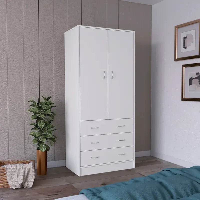 Moderner zweitüriger Kleiderschrank mit 3 Schubladen und 1 Kleiderstange fürs Schlafzimmer