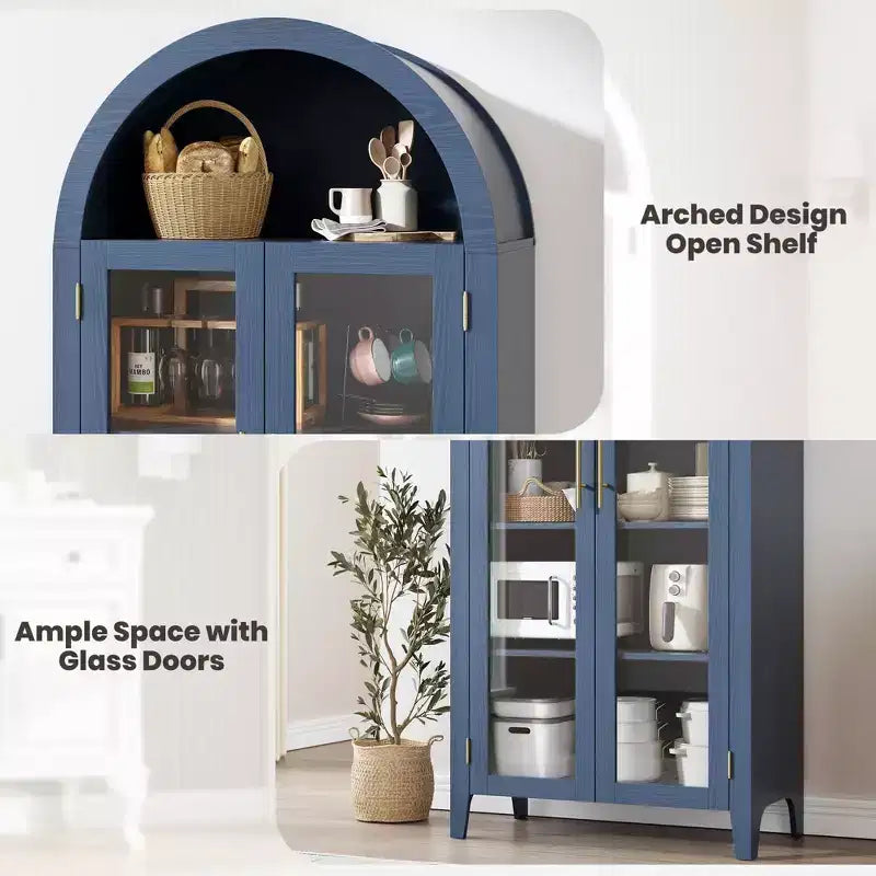 Armoire de rangement haute et cintrée avec portes vitrées, bibliothèque d’exposition à 5 niveaux avec étagères réglables pour la cuisine ou le salon