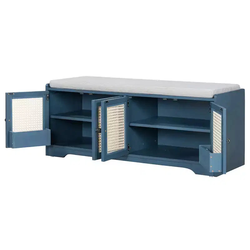 Banc de rangement rustique en bois Whisen, banc à chaussures pour entrée avec coussin amovible et étagères réglables