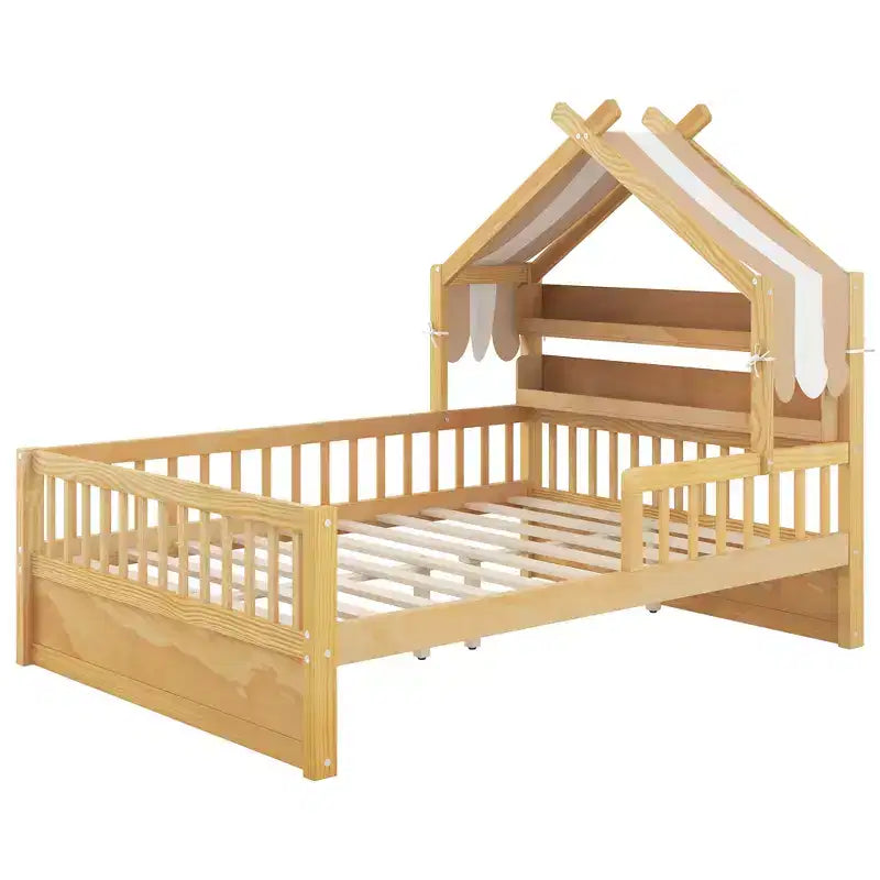 Lit cabane en bois ModernLuxe pour 1 ou 2 personnes avec tête de lit avec rangement, cadre de lit pour enfants en pin massif avec barrières de sécurité