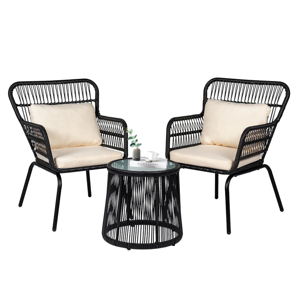 3-delige bistroset van wicker voor buiten, weerbestendige rotan tuinmeubelset met stoelen en kussens