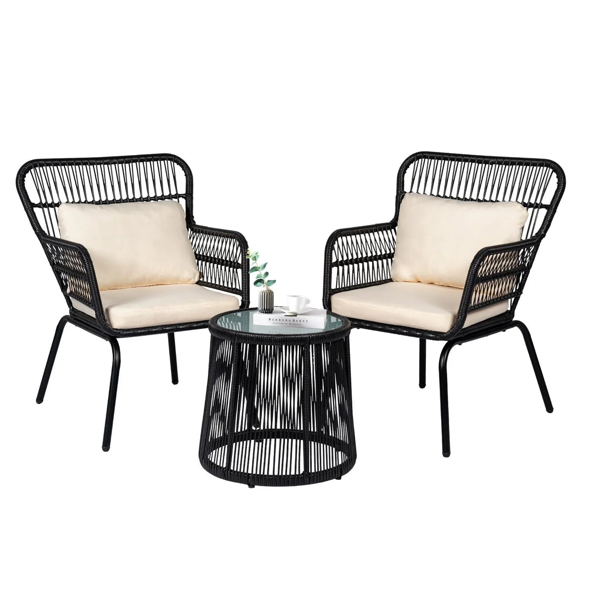 3-delige bistroset van wicker voor buiten, weerbestendige rotan tuinmeubelset met stoelen en kussens