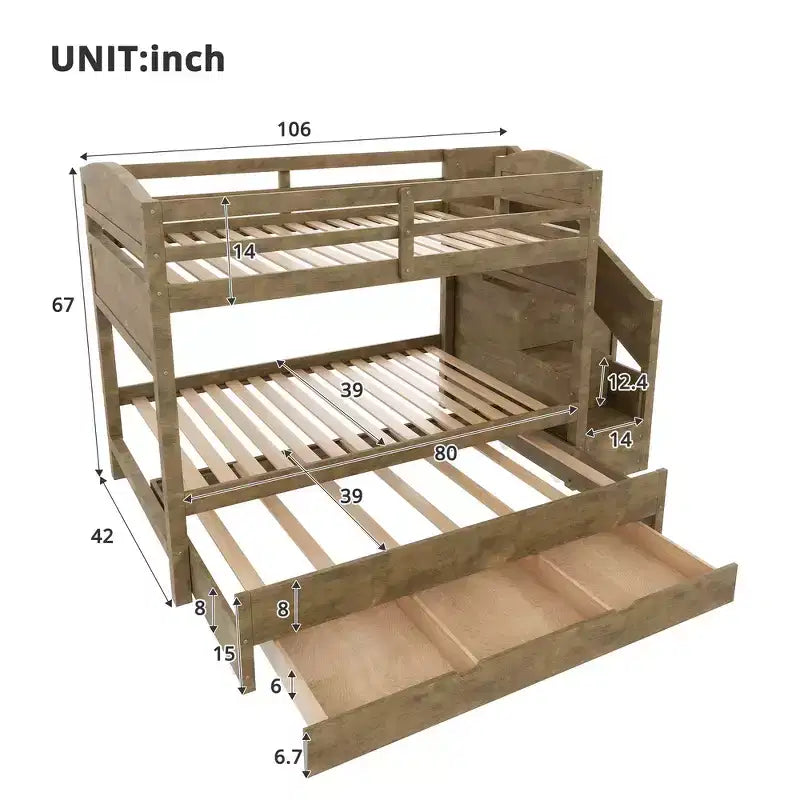 Cadre de lit superposé Whisen Twin XL avec lit gigogne, rangement, escalier de rangement en bois massif, armoire et 3 tiroirs, pour enfants