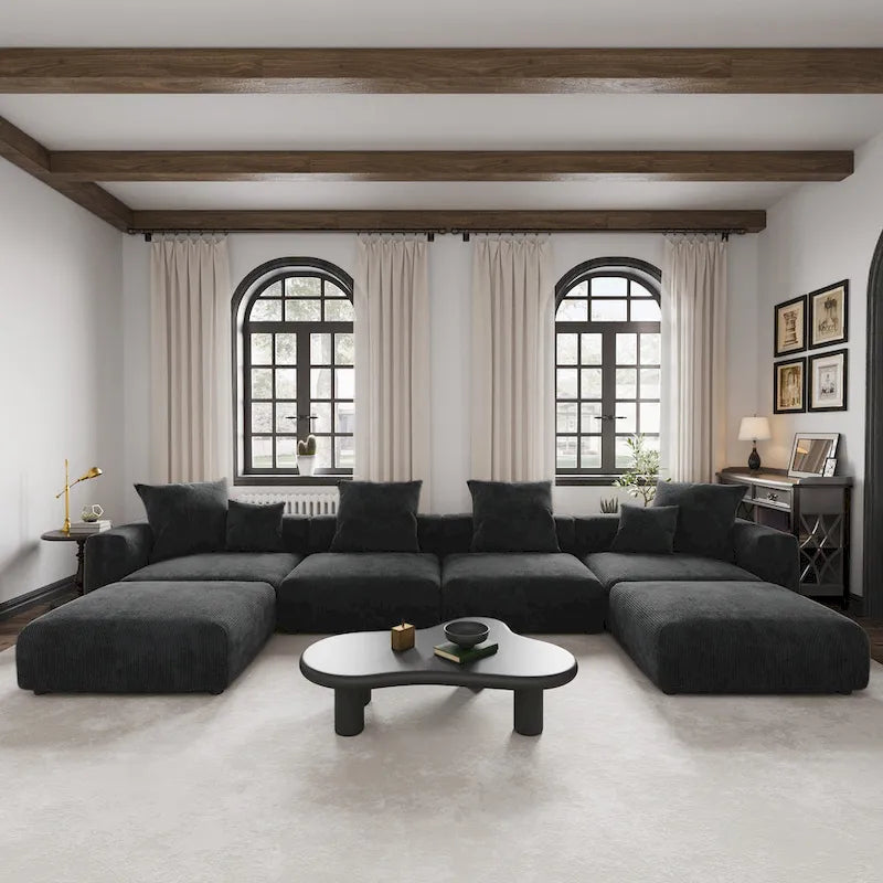 Grote modulaire hoekbank met corduroybekleding, U-vormig, 4-zits, met 2 ottomanen en 5 kussens