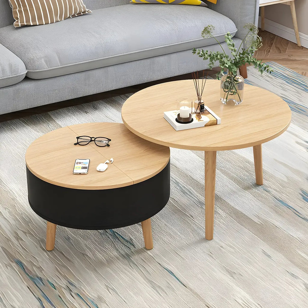 Moderner runder Couchtisch aus schwarzem und weißem Holz mit Stauraum