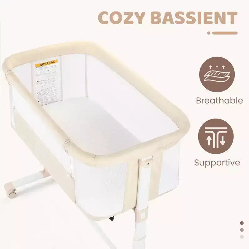 Babywiegje met wielen ??Beige / Grijs / Roze, aanschuifwiegje, voor 1 baby