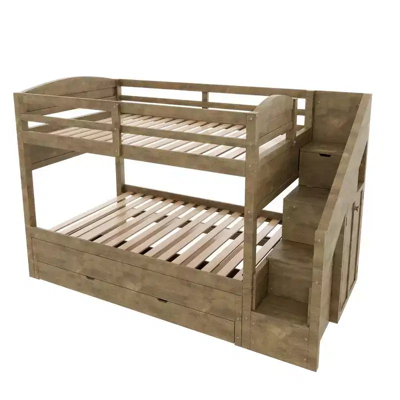 Cadre de lit superposé Whisen Twin XL avec lit gigogne, rangement, escalier de rangement en bois massif, armoire et 3 tiroirs, pour enfants