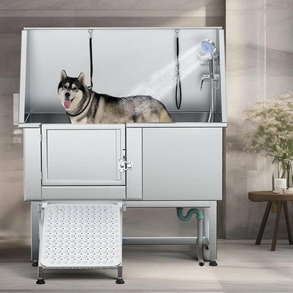 Baignoire de toilettage réglable pour animaux en acier inoxydable de 50' W avec rampe à marches