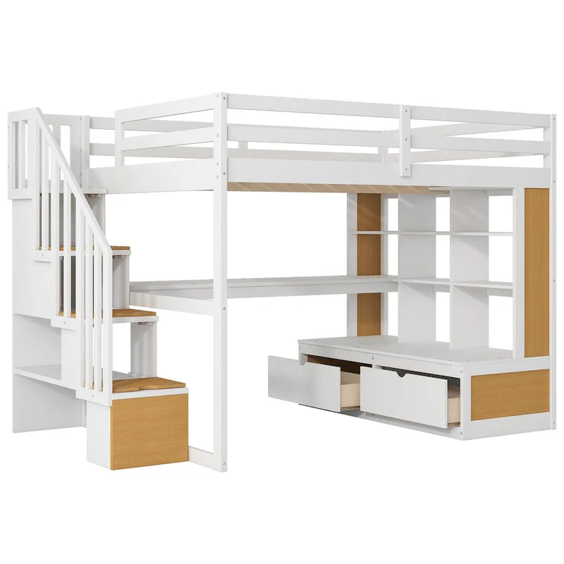 Hoogslaper van massief hout in naturel en wit met bureau en laden