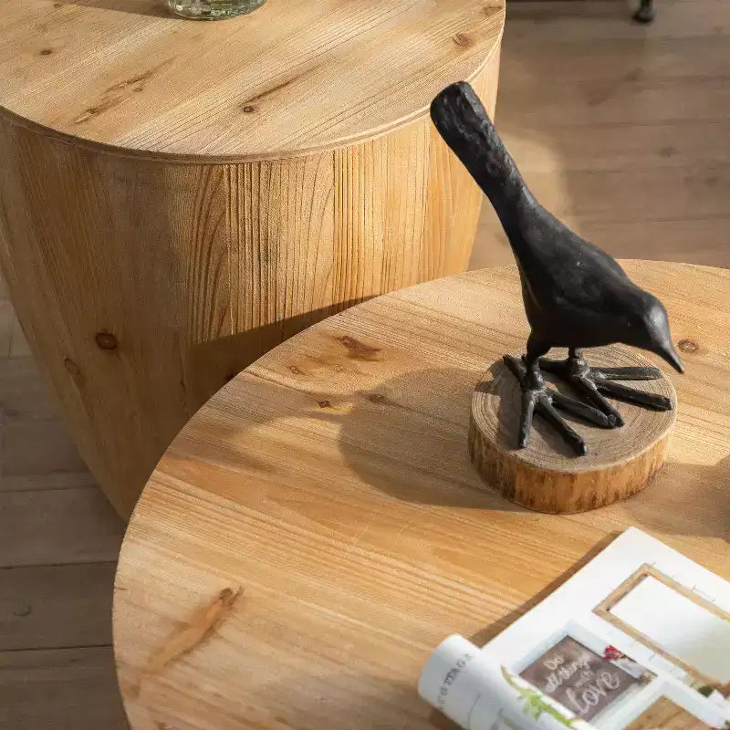 Table basse ronde de rangement rétro, en bois, adaptée au salon, à la salle à manger ou au bureau.