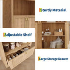 72 Arched Bookshelf with Storage Drawer, Modern 6-Tier Wood Display Cabinet with Open Shelves and Bottom Drawer, Curved Cabinet Door