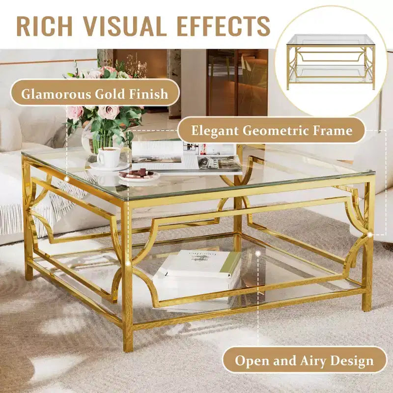 Quadratischer Couchtisch von Merax mit schwarzer oder transparenter Glasplatte und zweistöckigem Ablagefach