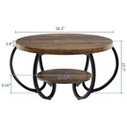 Runder industrieller Couchtisch mit 76 cm Durchmesser, 2 Ebenen, verstellbaren Füßen, Ablage in Holzoptik, Flammendesign, einfache Montage, Wohnzimmer