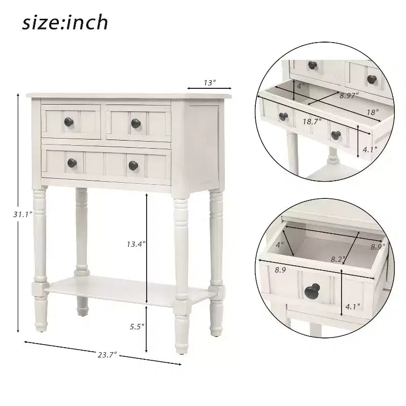 Smalle consoletafel van 60,2 cm met 3 laden en plank, sofatafel voor kleine entrees of woonkamers