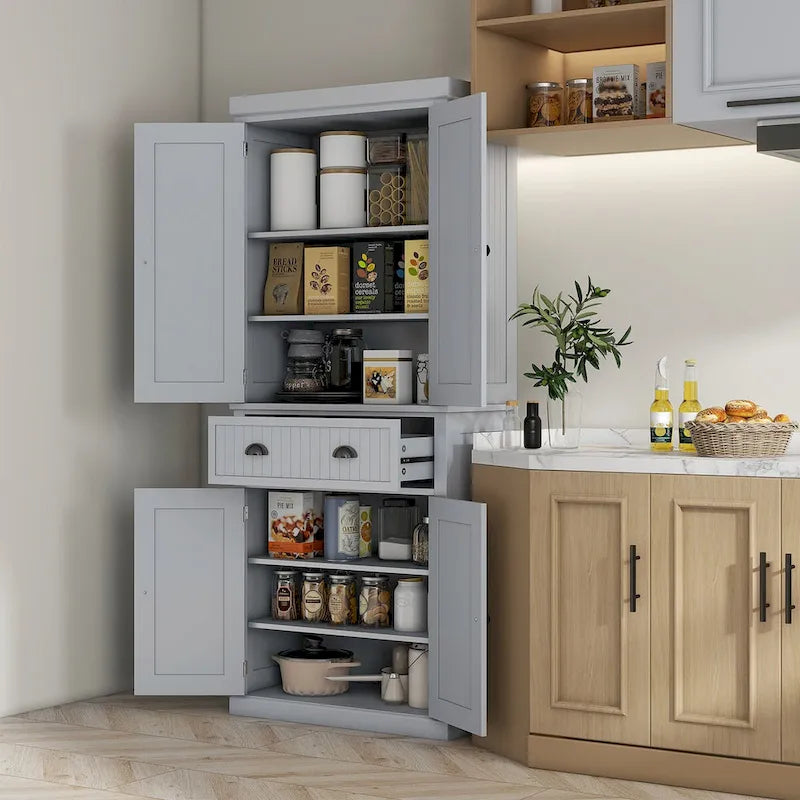 Armoire de rangement de garde-manger de cuisine de 72 pouces, armoire traditionnelle autoportante avec 4 portes et 3 étagères réglables, grand tiroir central