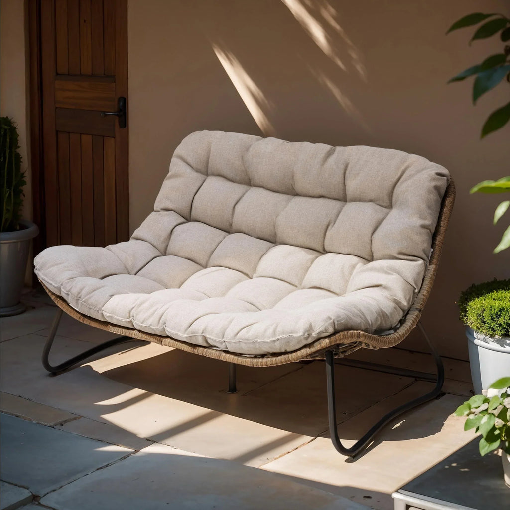 Fauteuil double Papasan avec coussin, rotin PE toutes saisons et structure en métal, pour intérieur et extérieur
