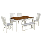 6-delige houten eetkamerset met 4 stoelen en bank, tafel met lade