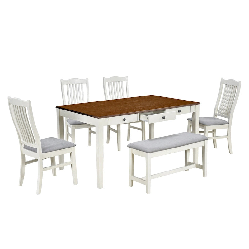 6-delige houten eetkamerset met 4 stoelen en bank, tafel met lade
