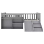 Whisen Twin Size Low Loft Bed Frame for Kids with Slide, Movable Bookshelf Storage, Guardrails, Low Loft Bed Frame