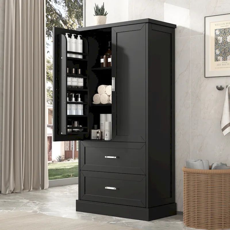 Armoire haute de rangement pour salle de bains, avec deux portes et tiroirs, étagère réglable, panneau MDF
