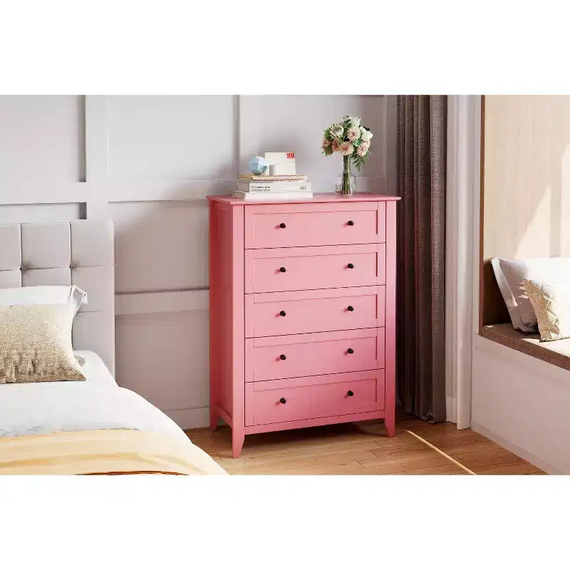 Commode haute de 42,5 po à 5 tiroirs pour chambre, armoire de rangement en bois avec tiroirs profonds de 11,9 po et boutons en métal doré, idéale pour l’entrée ou le couloir
