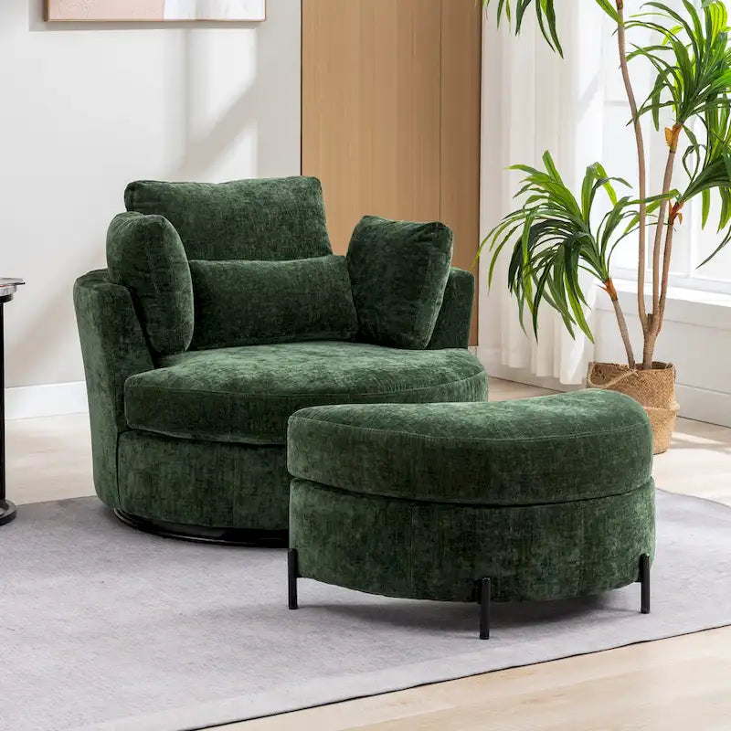 42,3W gestoffeerde draaifauteuil met 4 kussens en halvemaanvormige opberghocker