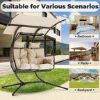 Balancelle d’extérieur pour deux avec support, chaise suspendue pliable, coussin de hamac et auvent, fauteuil œuf double – beige