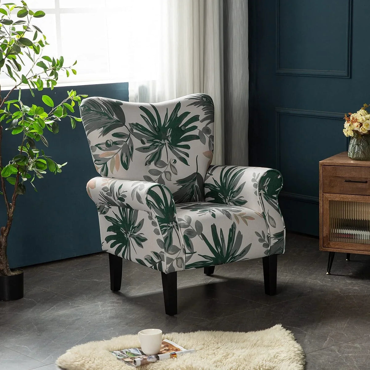 Erommy Modern Accent Chair, High Back Armchair, Upholstered Fabric Button Single Sofa with Wooden Legs for Living Room
