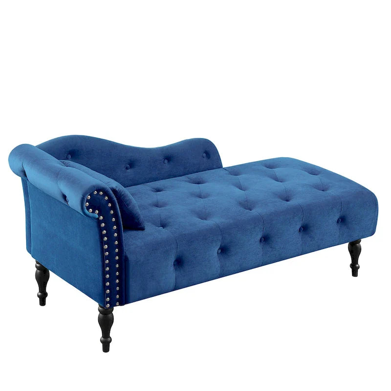 Chaise longue moderne de 60,6 po, capitonnée en velours avec boutons, pieds en bois massif et clous décoratifs
