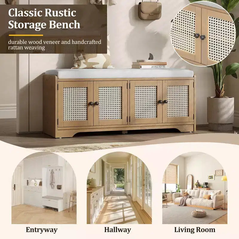 Banc de rangement rustique en bois Whisen, banc à chaussures pour entrée avec coussin amovible et étagères réglables