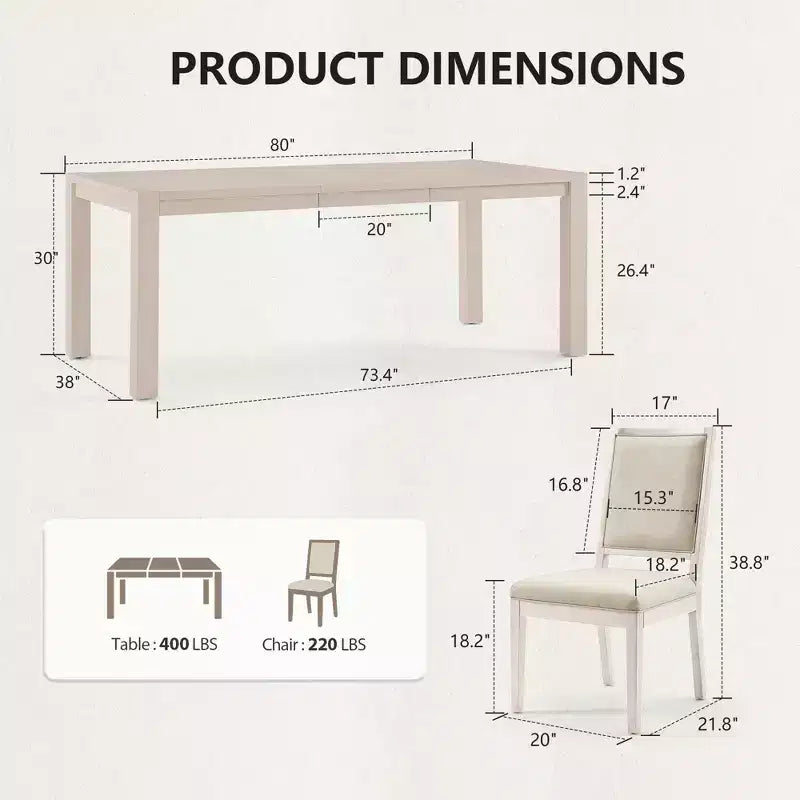 Ensemble de salle à manger moderne - table de 80 et 6 chaises rembourrées, structure en bois massif, capacité de la table de 400 lb, montage facile
