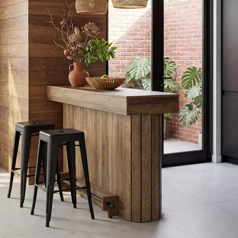 Lantine Bar Table, 63-Inch Wooden Home Bar Unit with Metal Footrest, Pub Table with Storage Shelves for Living Room, Bistro, Dining Room (Brown)