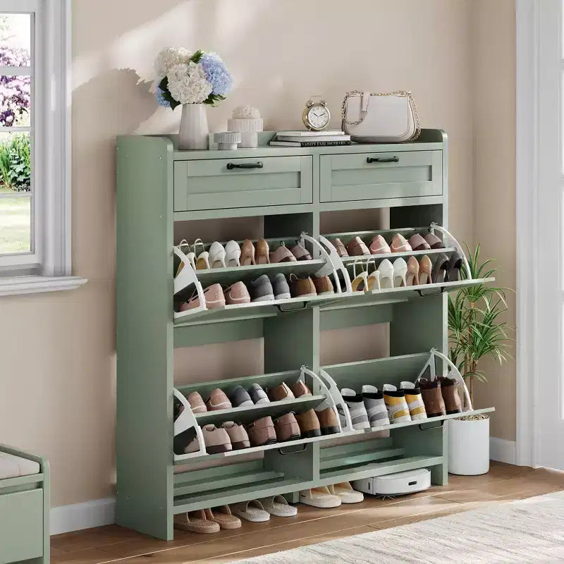 Meuble à chaussures avec 4 tiroirs basculants et 2 tiroirs supérieurs, meuble organiseur à chaussures en bois avec étagère réglable, meubles de rangement à chaussures autonomes