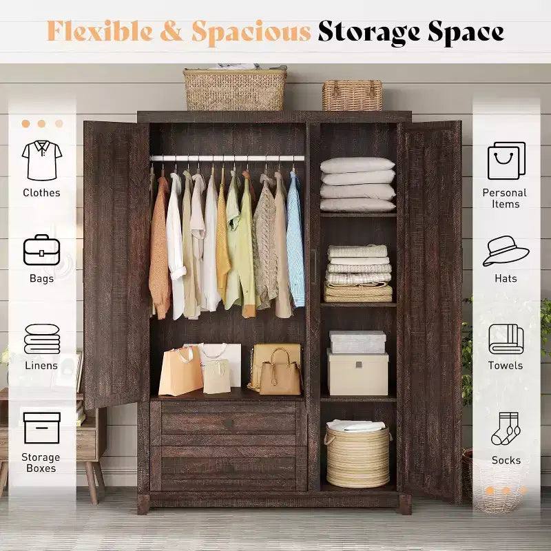 AMERLIFE 47-Zoll-Kleiderschrank im Landhausstil mit 3 Türen, 2 Schubladen, Kleiderstange und verstellbaren Regalen, freistehender Kleiderschrank-Organizer