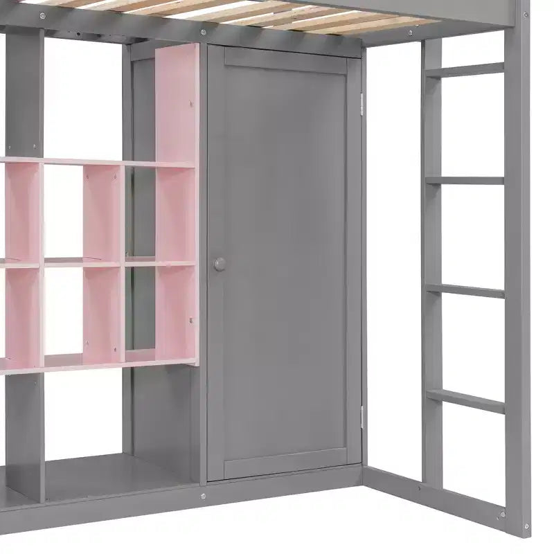 Kinder-Hochbett mit Kleiderschrank und Regalen, Hochbettgestell aus Holz mit Stauraumschrank für Kinder und Jugendliche