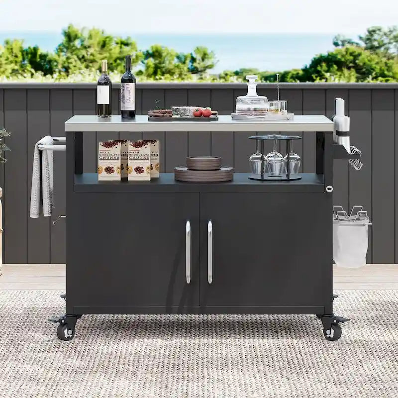 Outdoor-Kücheninsel mit Edelstahl-Tischplatte, Metall-Grillwagen-Tisch mit Stauraumfach – N/A