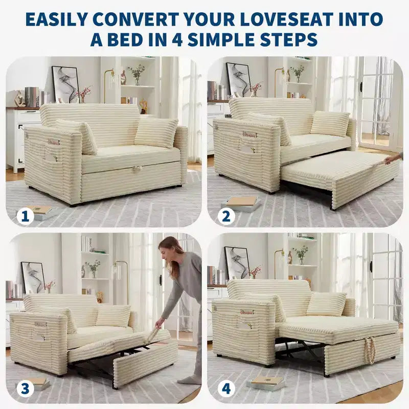55 wandelbares 2-Sitzer-Schlafsofa mit ausziehbarer Fußstütze und verstellbarer Rückenlehne, platzsparendes Sofa für kleine Wohnungen