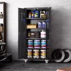 Garagekast met wielen en gatenbord, afsluitbare metalen opbergkast van 72 inch hoog met 2 deuren en 4 verstelbare planken voor garage en werkplaats