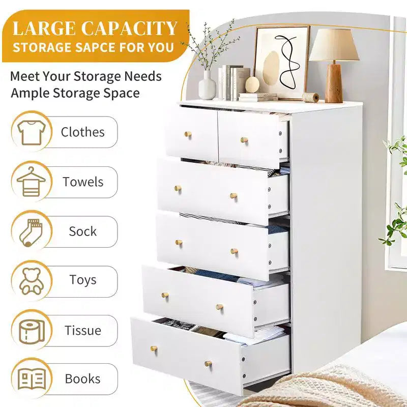Grande commode Karl Home à 6 tiroirs pour chambre et meuble à tiroirs, construction robuste, organisateur de rangement en bois pour placard, blanche