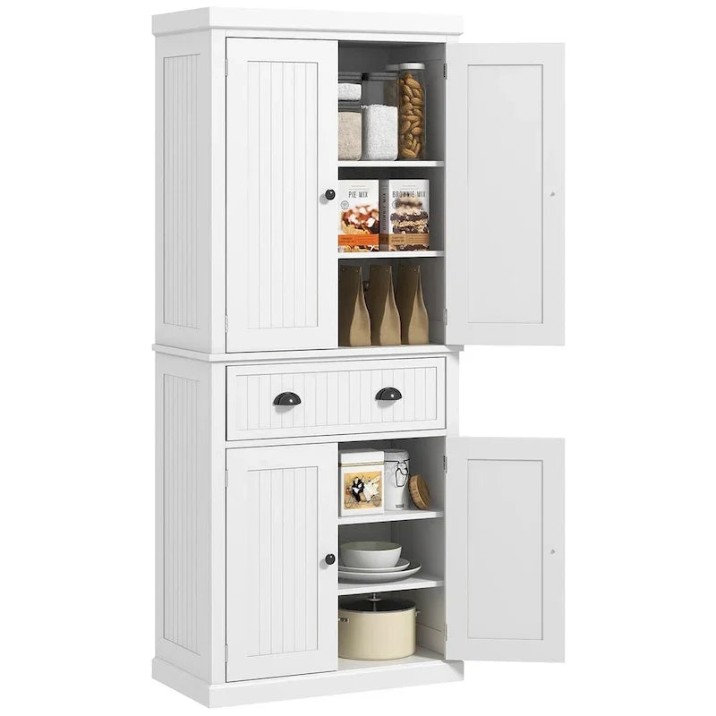Armoire de rangement de garde-manger de cuisine de 72 pouces, armoire traditionnelle autoportante avec 4 portes et 3 étagères réglables, grand tiroir central