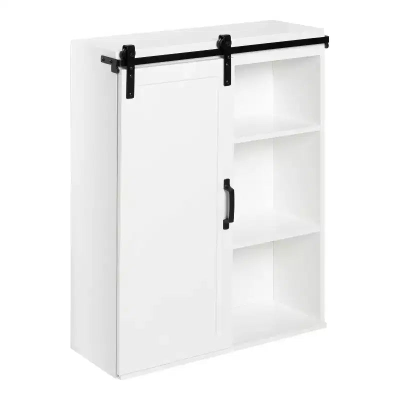 22"x28" Farmhouse Wall Cabinet with Rolling Barn Door, 5 Shelves, White