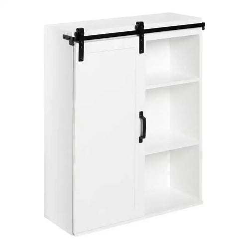 22"x28" Farmhouse Wall Cabinet with Rolling Barn Door, 5 Shelves, White