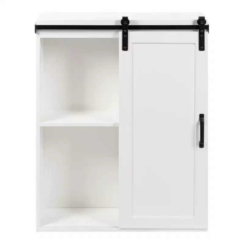 22"x28" Farmhouse Wall Cabinet with Rolling Barn Door, 5 Shelves, White