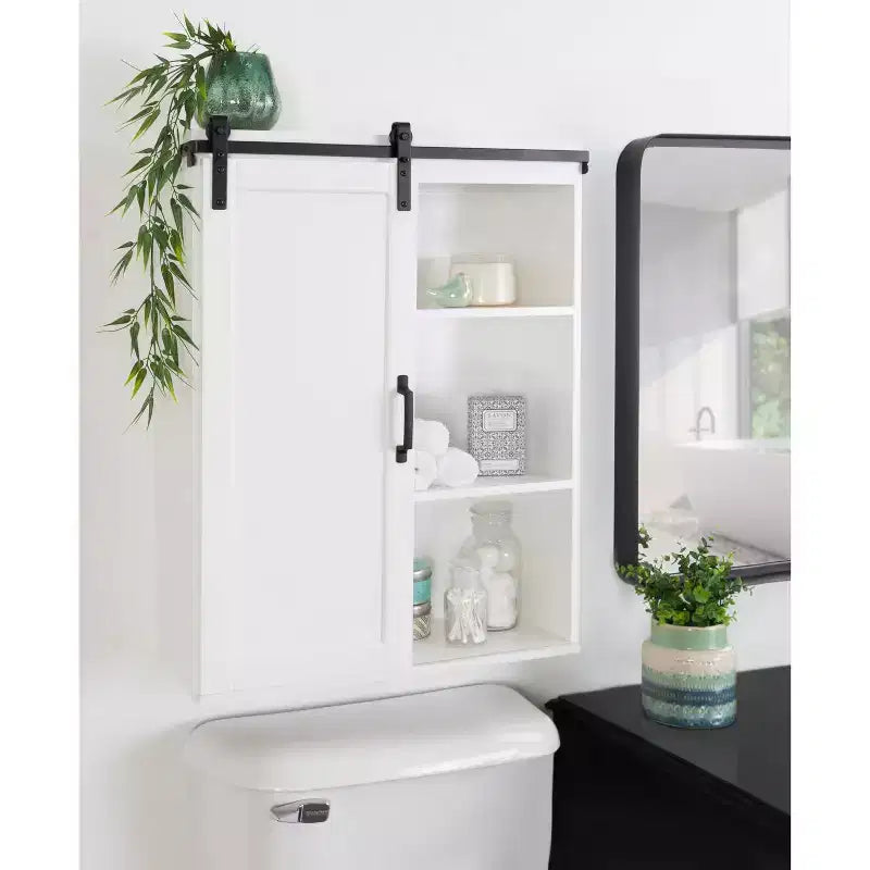 22"x28" Farmhouse Wall Cabinet with Rolling Barn Door, 5 Shelves, White